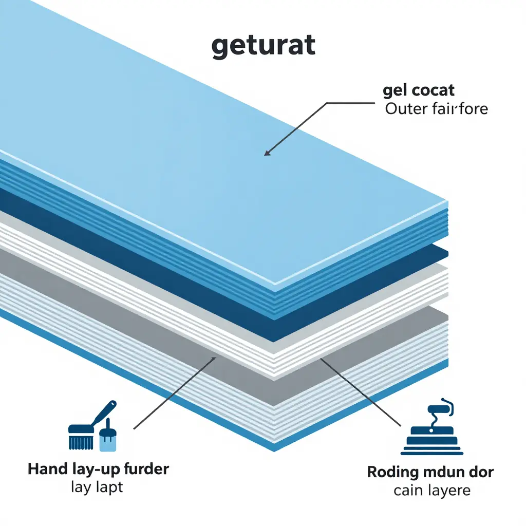 Cross-section diagram of fiberglass fairing layered construction showing gel coat, glass fiber mat, and resin matrix layers
