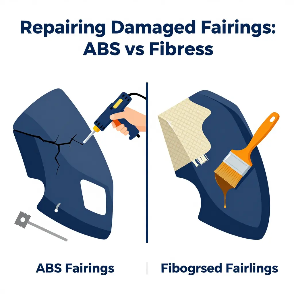 Infographic comparing ABS plastic welding repair of a cracked fairing with fiberglass cloth and resin patching