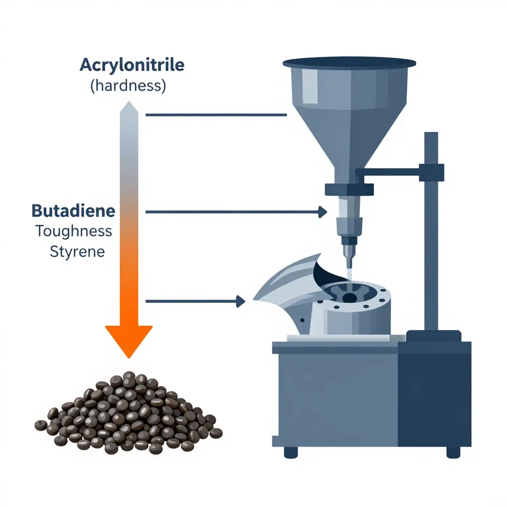 Infographic showing ABS composition and injection molding process for motorcycle fairings