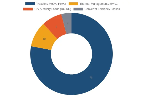 Doughnut chart showing how traction battery energy is split across traction power, HVAC, 12V auxiliary loads, and converter losses