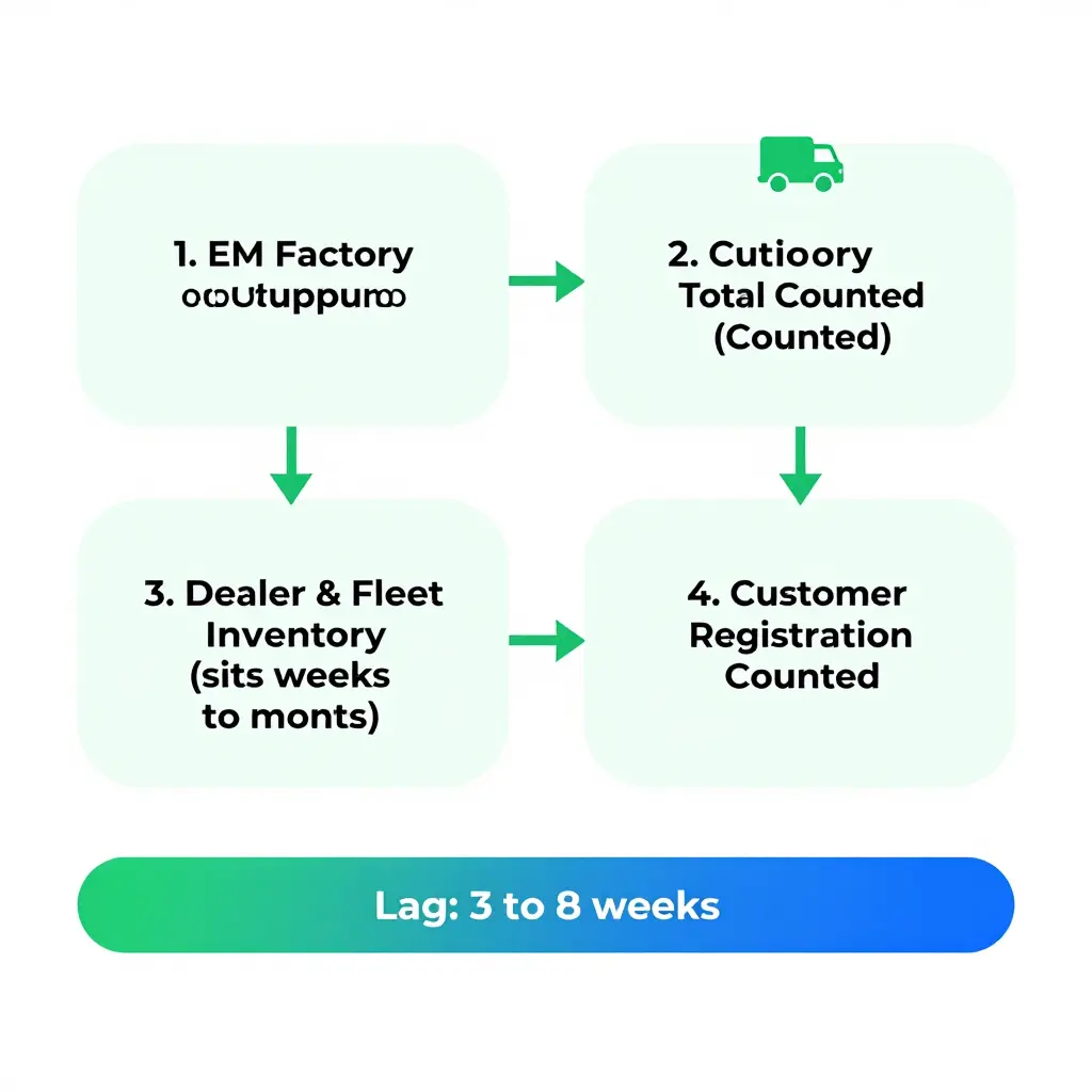 Flat-design infographic flowchart showing the timing lag between OEM delivery totals and registration counts for electric trucks, with a left-to-right timeline from factory output to dealer/fleet inventory to customer registration and a highlighted 3-to-8-week lag bar.