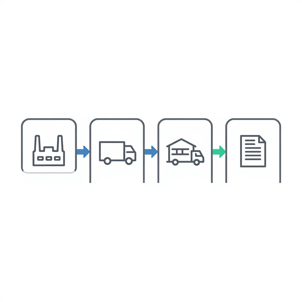 A clean schematic flow diagram showing four stages: a factory (production), a delivery truck (OEM delivery), a warehouse with trucks (dealer or fleet inventory), and a registration document, connected left to right by simple arrows, illustrating how a vehicle moves from the assembly line to its official registration.