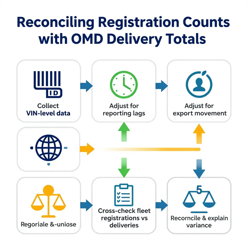 Flowchart showing five steps to reconcile registration counts with OEM delivery totals: collect VIN-level data, adjust for reporting lags, normalize cross-border movement, cross-check fleet registrations, and reconcile variance.