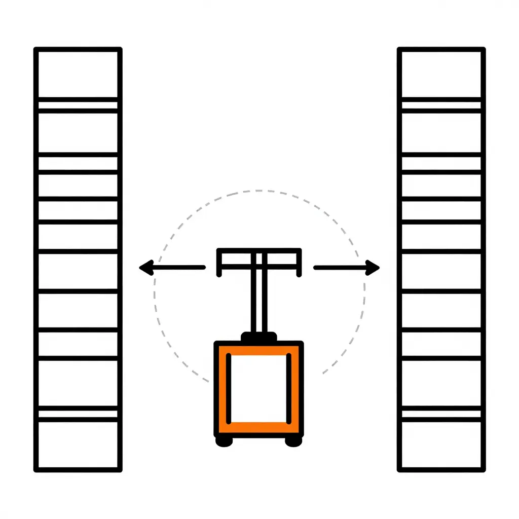 Top-down line-art schematic of a pallet-handling truck in an aisle between two racking rows, with a dashed turning envelope and dimension lines marking aisle width and side clearances.