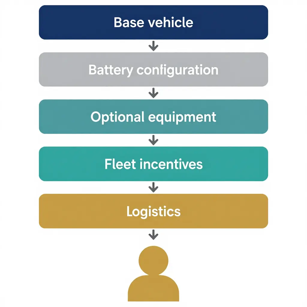 Minimal 2D flat diagram showing layered pricing blocks - base vehicle, battery configuration, optional equipment, fleet incentives, and logistics - with arrows converging on a final fleet quote figure