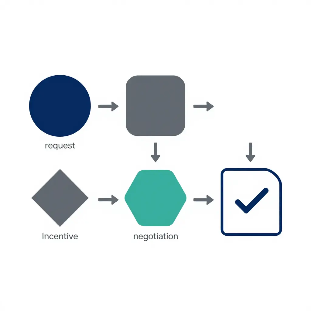 A clean 2D flat flow diagram showing the five-step fleet quote process, from initial request through configuration, incentive application, negotiation, and final confirmation, connected by directional arrows in a left-to-right layout.
