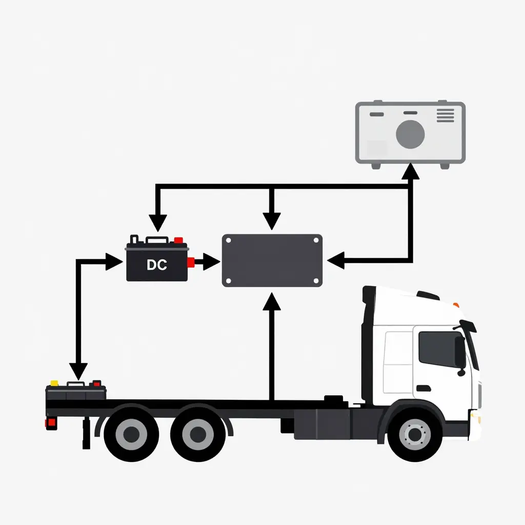 Simple power flow diagram of an electric APU system in a semi truck showing battery pack, undersized DC converter, inverter/controller, and connected loads such as HVAC and cabin accessories with directional current-flow arrows