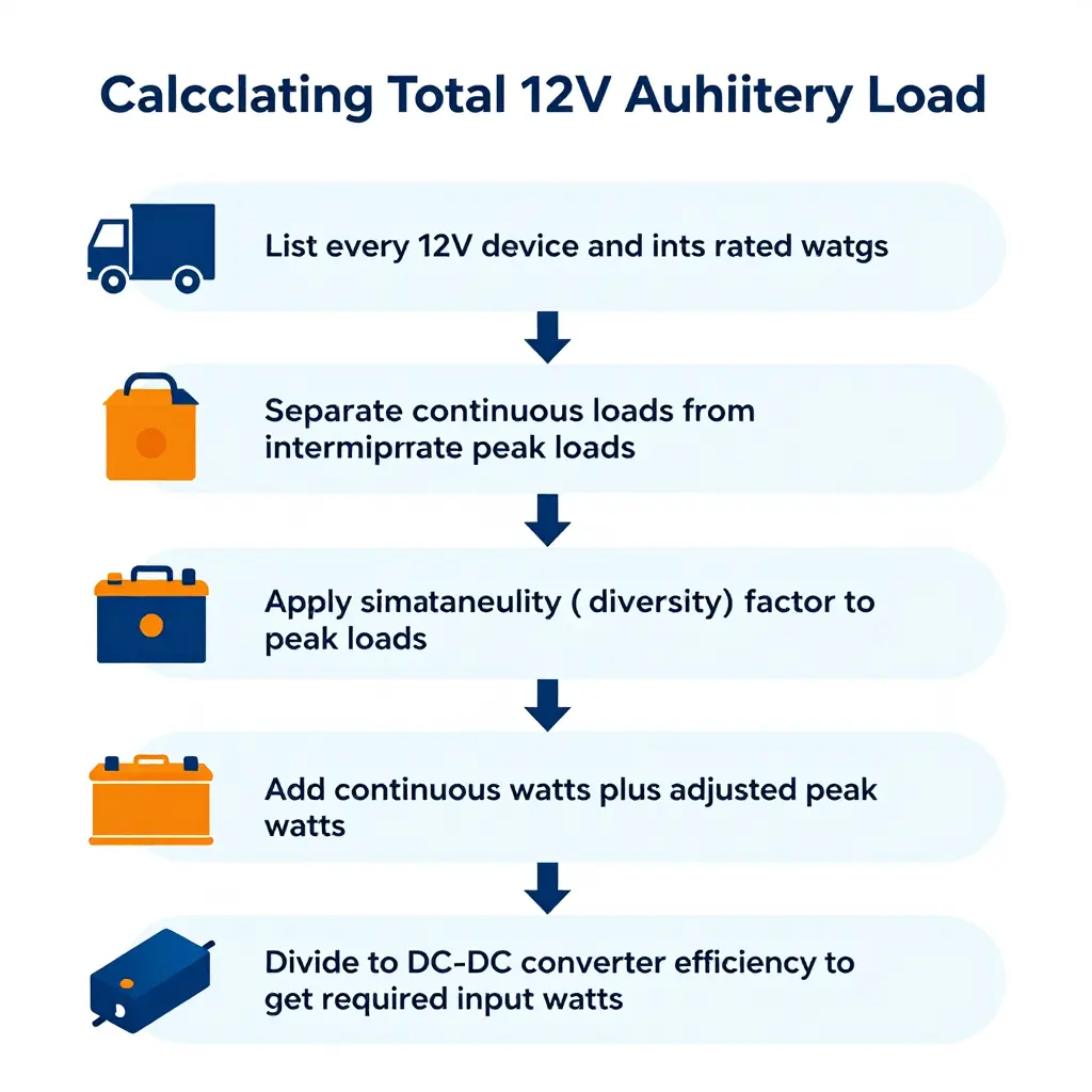 Step-by-step flow diagram showing how to calculate total 12V auxiliary load, from listing devices to dividing by converter efficiency