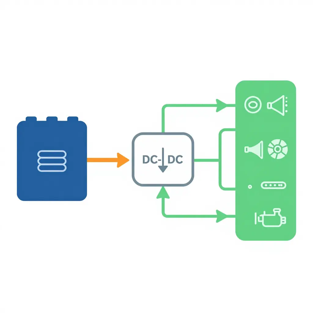 Minimalist flat 2D technical diagram of an electric box truck's DC-DC converter wiring architecture, showing a high-voltage battery pack on the left flowing through a central DC-DC converter and into a 12V auxiliary distribution block that branches out to several generic load icons