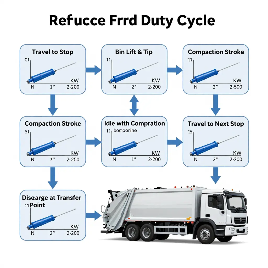 Refuse collection vehicle duty cycle diagram showing the six sequential phases with hydraulic power and duration