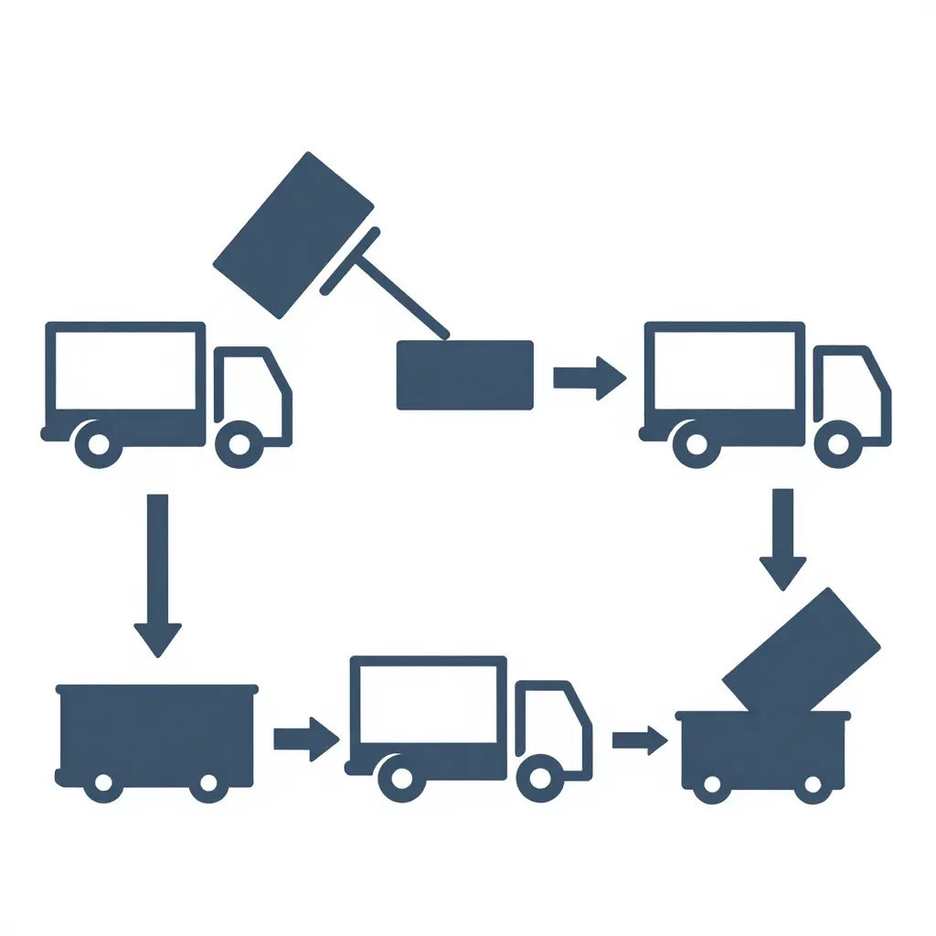 Flat 2D schematic diagram showing the five phases of an electric garbage truck compactor duty cycle: travel to stop, bin lift and tip, compaction stroke, travel to next stop, and discharge at the transfer point.