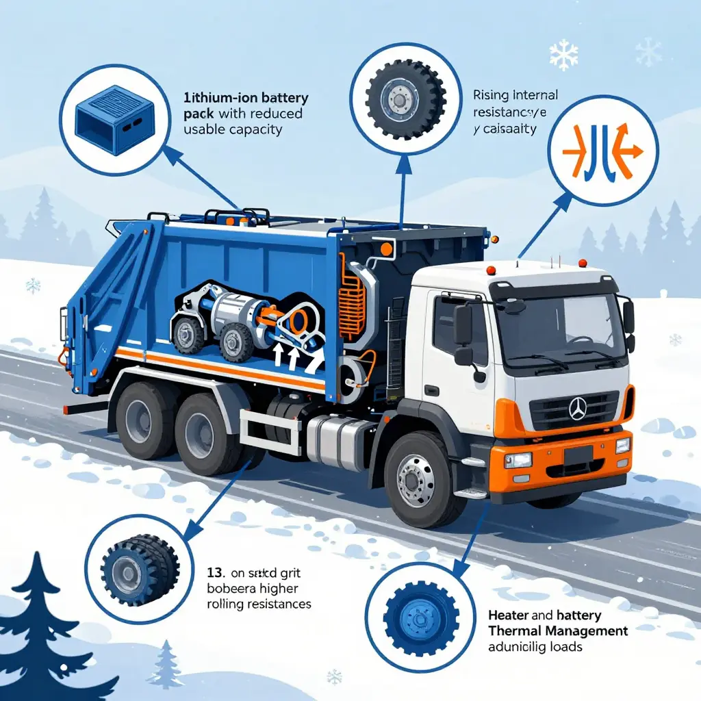 Technical schematic of an electric refuse truck showing four cold-weather range-loss mechanisms: reduced battery capacity, higher internal resistance, road rolling resistance, and auxiliary heating loads