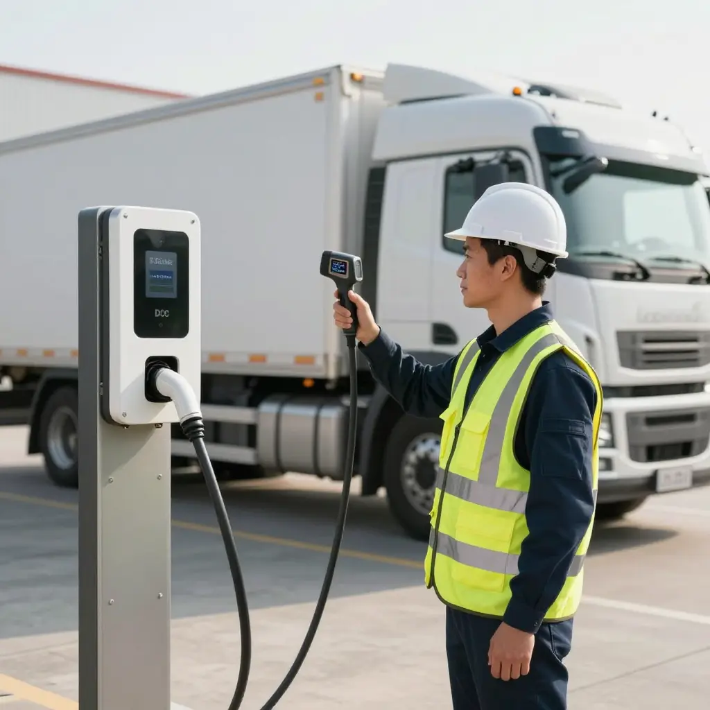 Technician using a thermal camera to check a DC fast charger connector during electric semi truck handover