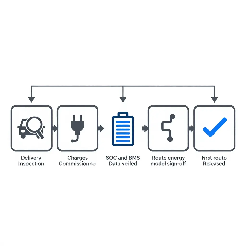 Minimal flat 2D flow diagram showing the handover gate as five sequential blocks connected by directional arrows: delivery inspection, charger commissioning verified, SOC and BMS data verified, route energy model signed off, and first route released