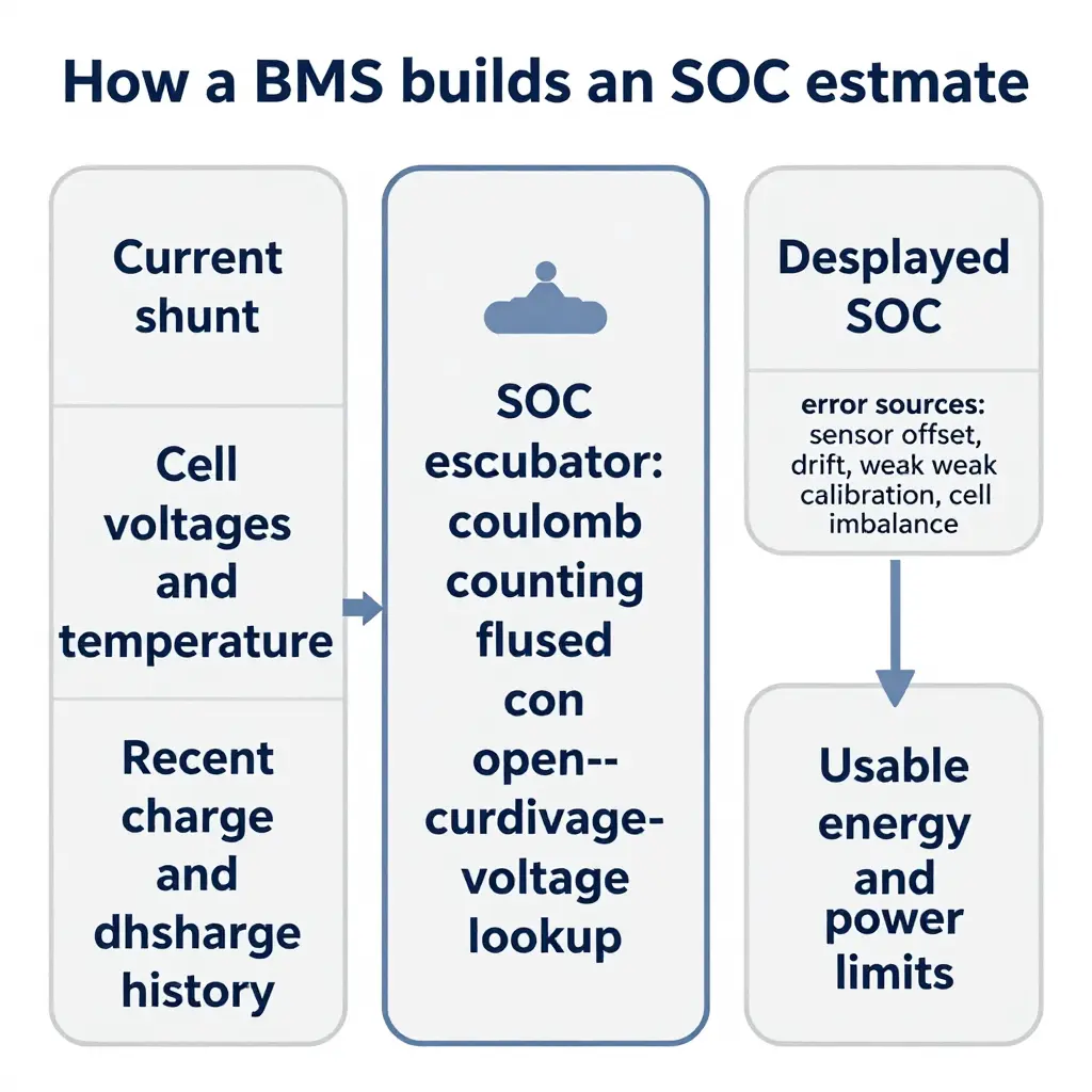 Diagram of BMS inputs feeding an SOC estimator and outputs for displayed SOC and usable energy