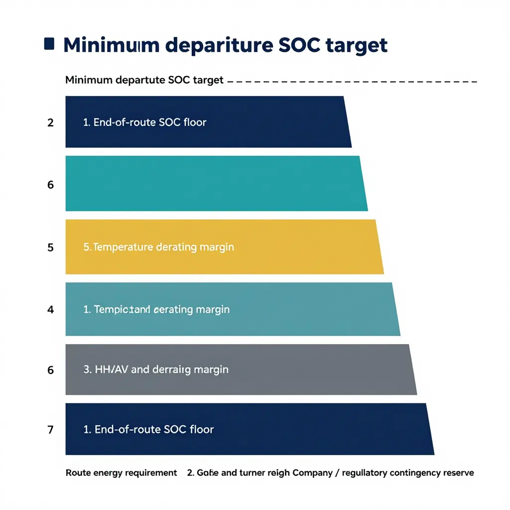 Stacked diagram of seven battery SOC reserve layers building up to a minimum departure SOC target line