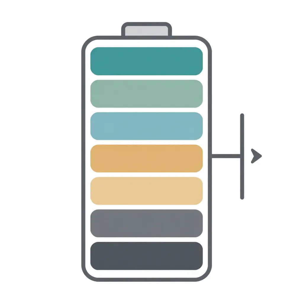 Flat 2D vector diagram of a battery outline filled with seven horizontal color bands stacked top to bottom, with thin brackets marking the usable portion versus the reserved portion