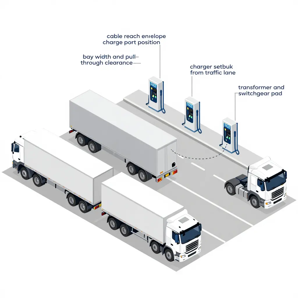Isometric diagram of a truck depot charging layout showing cable reach envelopes, bay geometry, and charger setbacks