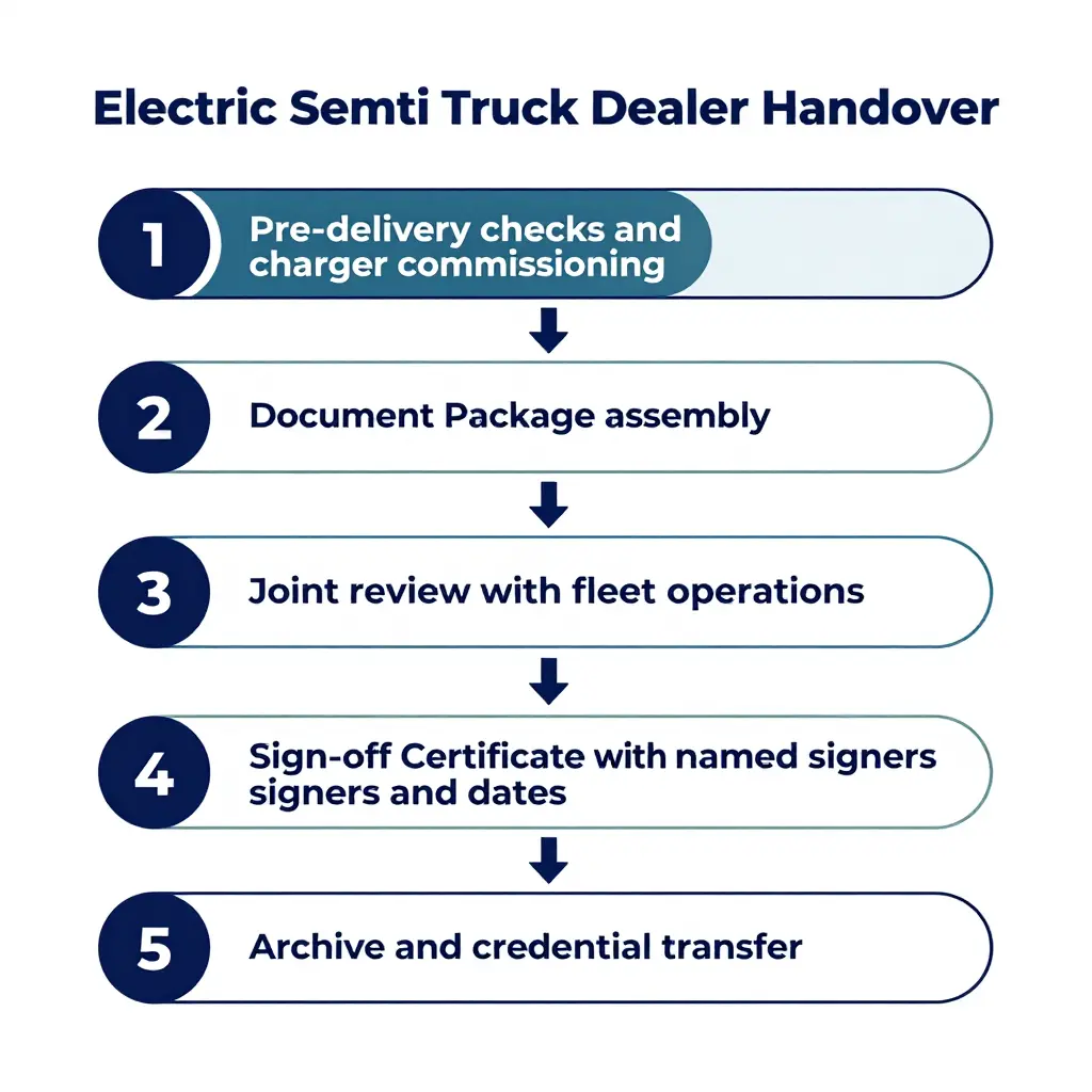 Five-step electric semi truck dealer handover sign-off sequence