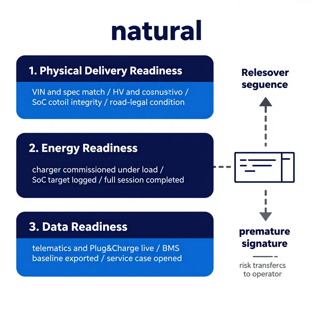 Three-layer handover readiness gate diagram showing physical delivery readiness, energy readiness, and data readiness feeding a signed release
