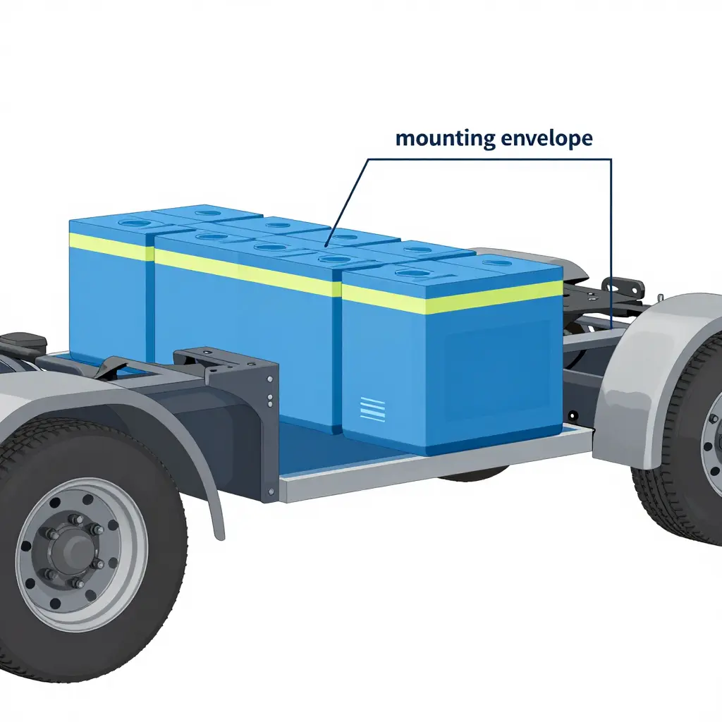 Diagram of an electric truck underbody showing a battery pack filling the rocker-panel zone, a reduced mounting envelope, long standoffs, and a constrained ground-clearance gap