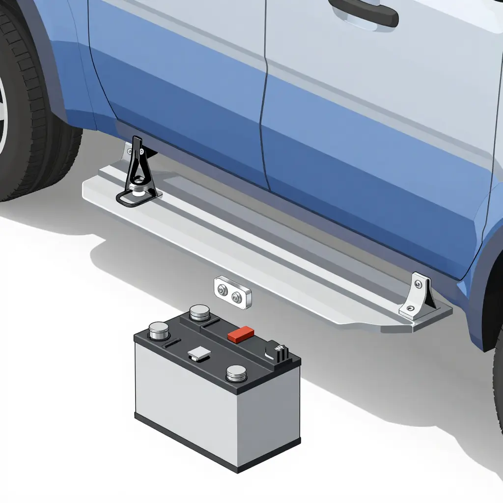 Exploded diagram of an electric truck running board mounting system with a load-spreading plate, non-intrusive clamping mount, and adjustable standoff above the battery pack