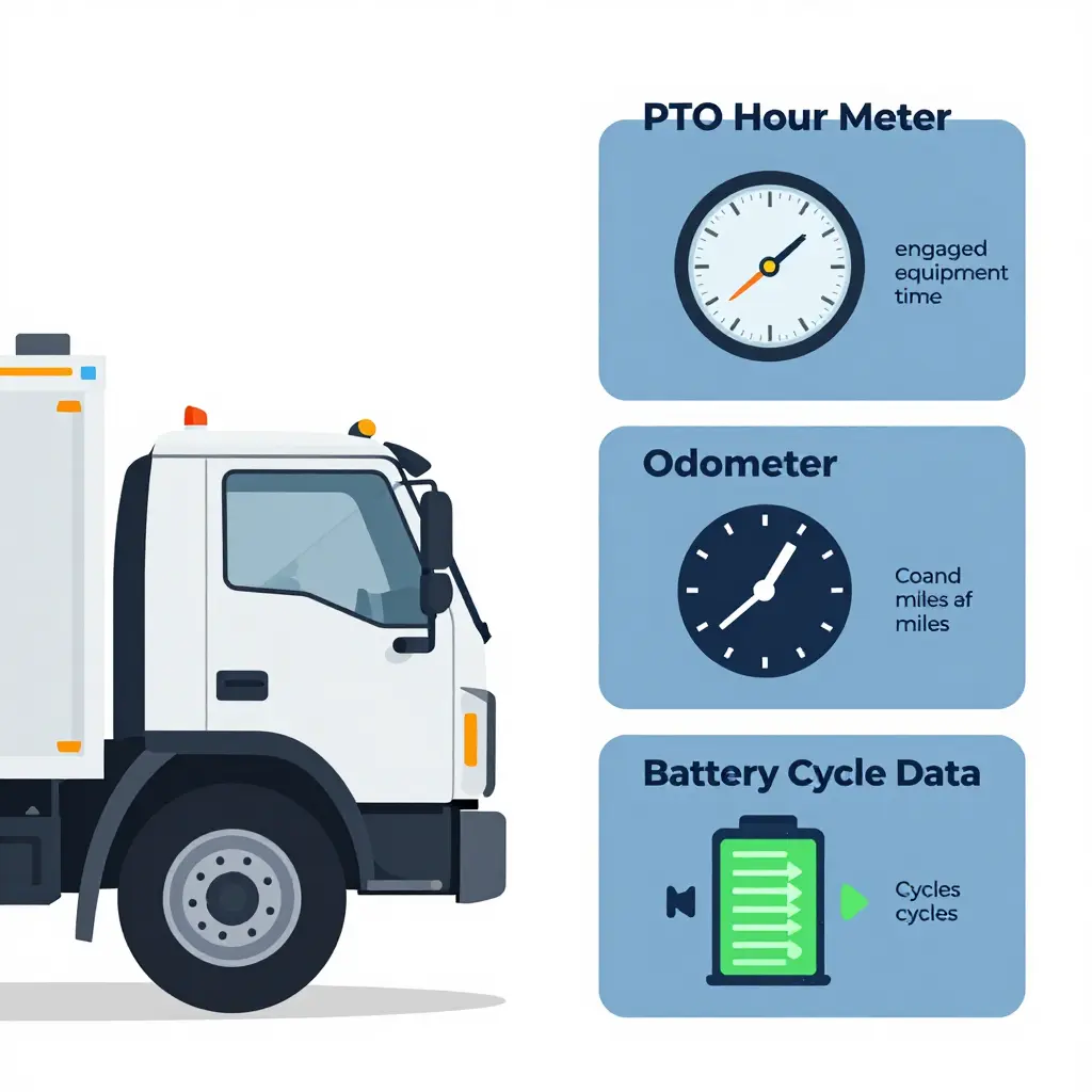 Diagram comparing an electric work truck PTO hour meter, odometer, and battery cycle data