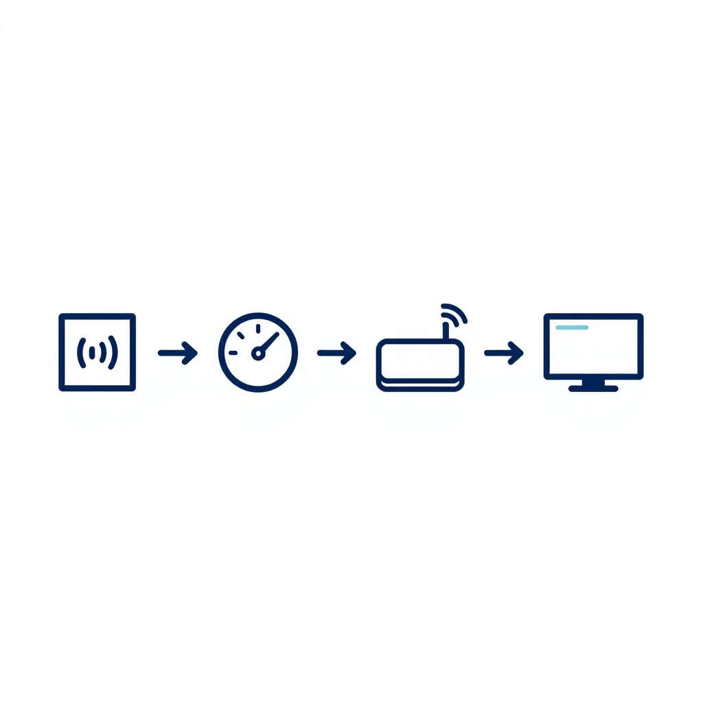 Minimalist 2D schematic showing PTO hour meter data flow from PTO engagement sensor, to hour meter counter, to telematics gateway, and finally to the fleet management dashboard