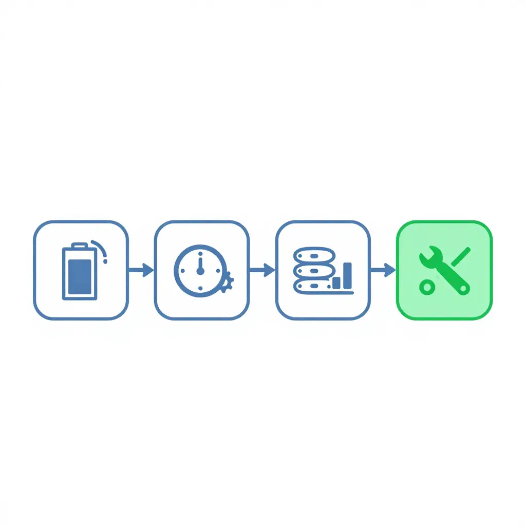 Minimalist 2D workflow diagram showing the four-step electric work truck inspection sequence: battery state-of-health assessment, PTO hour meter reading, data logging, and maintenance decision, connected by arrows.