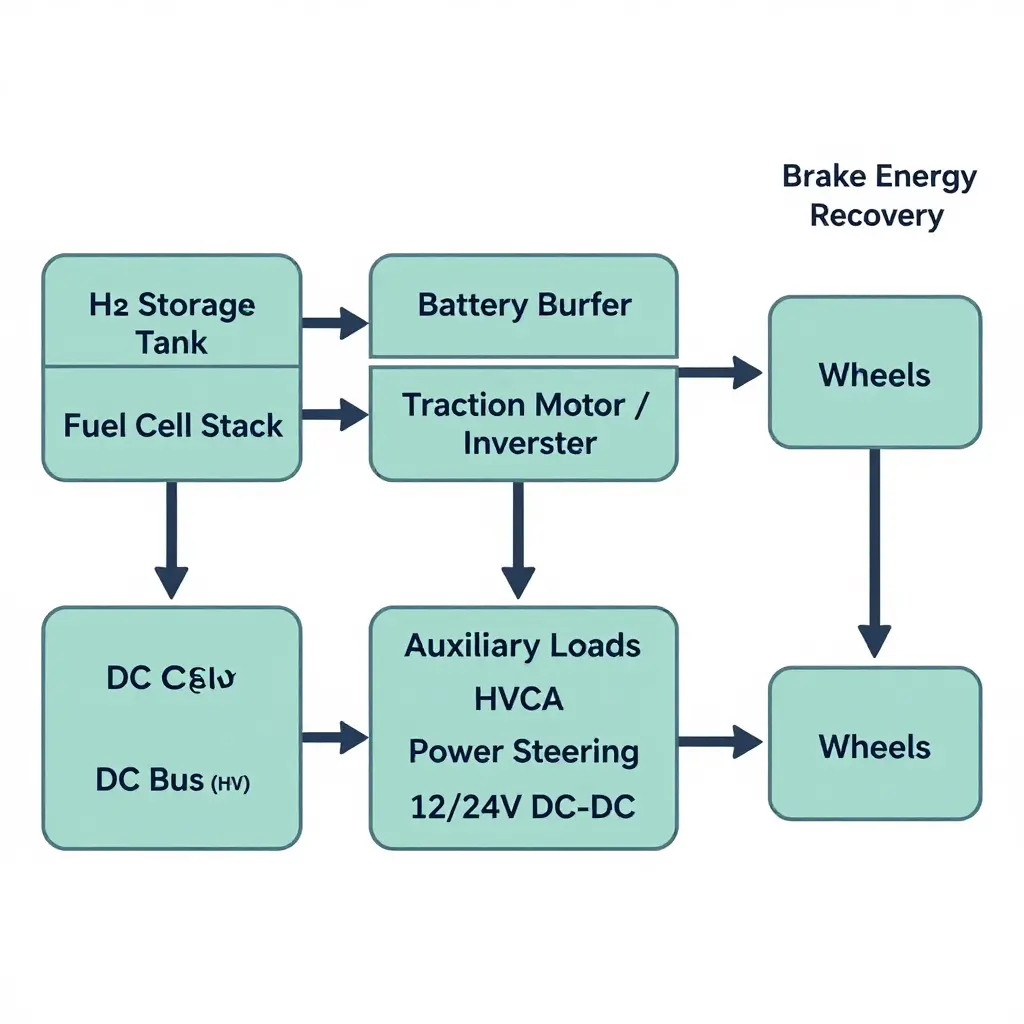Flat 2D schematic of a hydrogen fuel cell range extender truck energy flow: H2 storage tank feeding the fuel cell stack, which supplies the high-voltage DC bus, which then feeds both the battery buffer and the traction motor/inverter, converging on the wheels, with a separate auxiliary loads branch off the DC bus and a brake energy recovery arrow back to the battery buffer