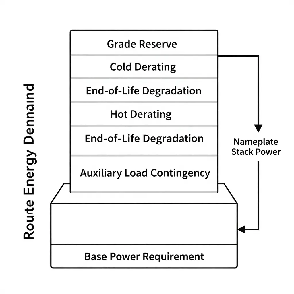 Flat 2D stacked block diagram showing the fuel cell stack power margin build-up from base power requirement through grade reserve, cold and hot derating, end-of-life degradation, and auxiliary load contingency to the total nameplate stack power