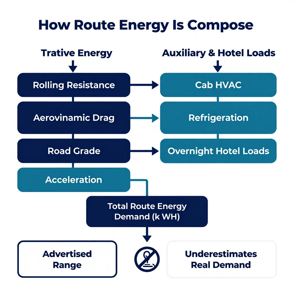 Diagram showing how route energy is composed from tractive energy and auxiliary and hotel loads feeding into total route energy demand